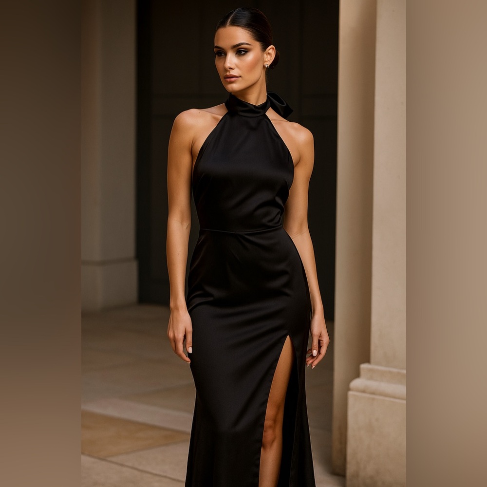 Brand new Black satin tie back dress.